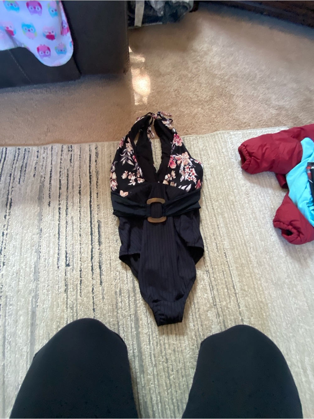 Time and Tru Black Floral Halter One-Piece with Belt